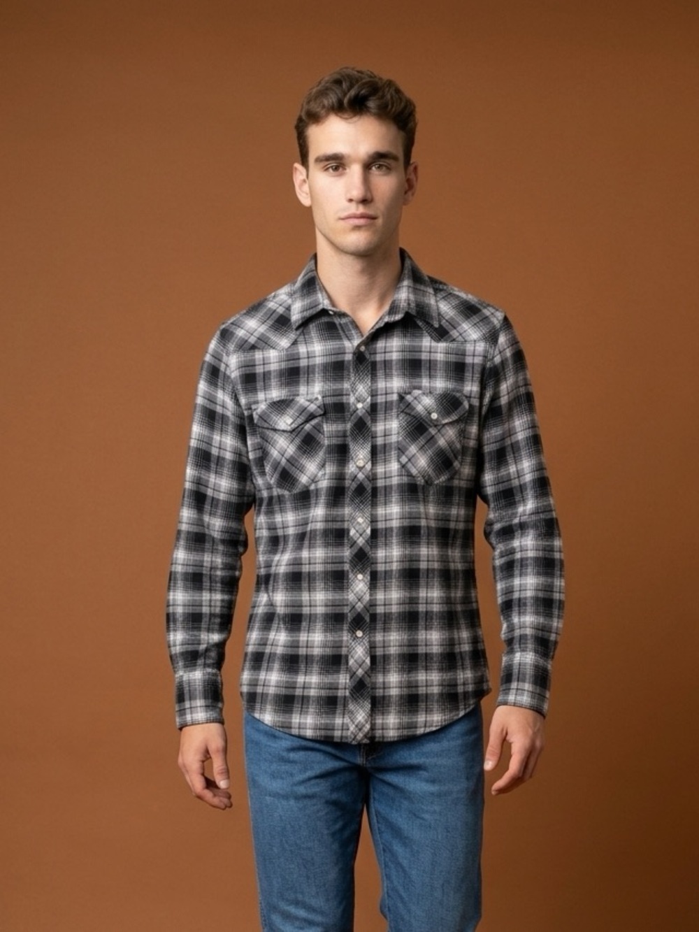 Wrangler Wrancher Pearl Snap Flannel Western Cowboy long sleeve Shirt